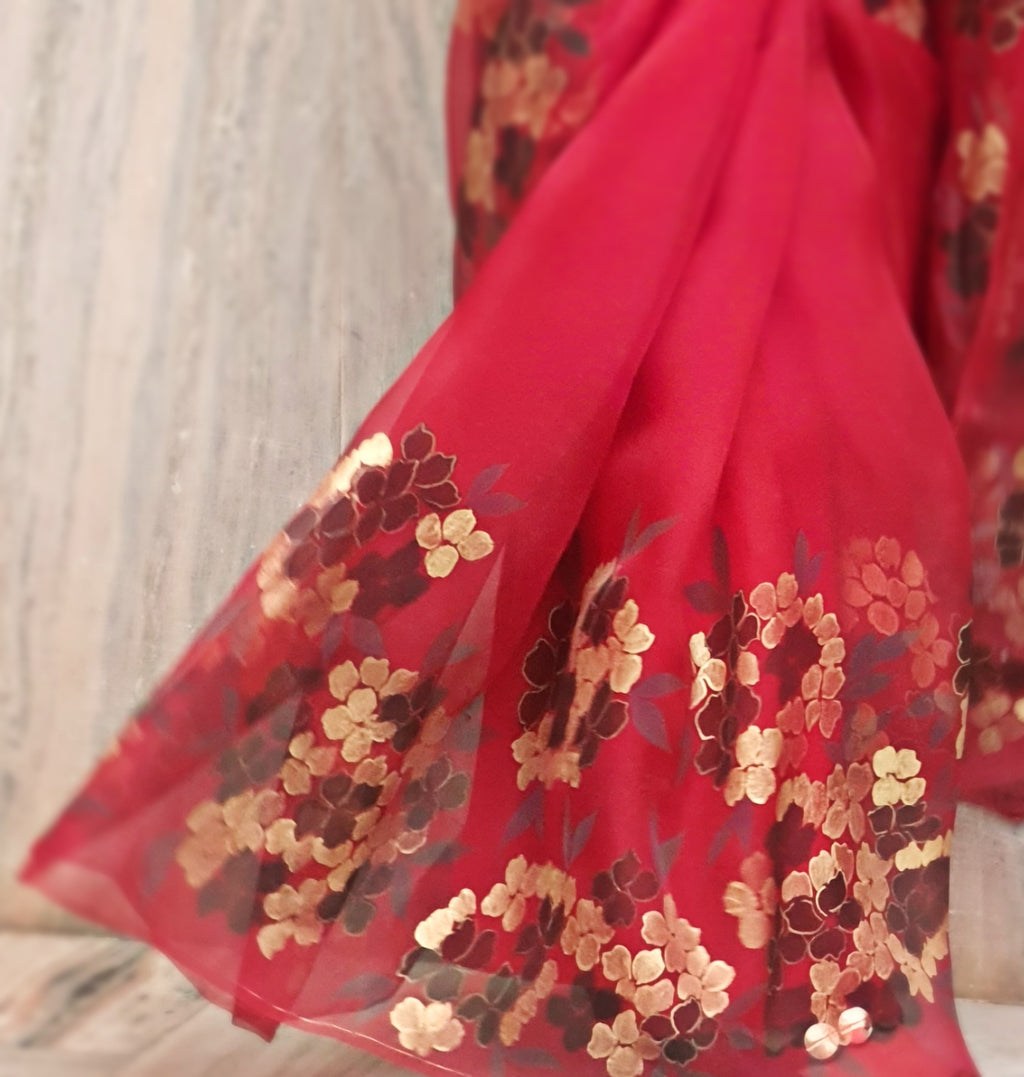 Red hand painted sari