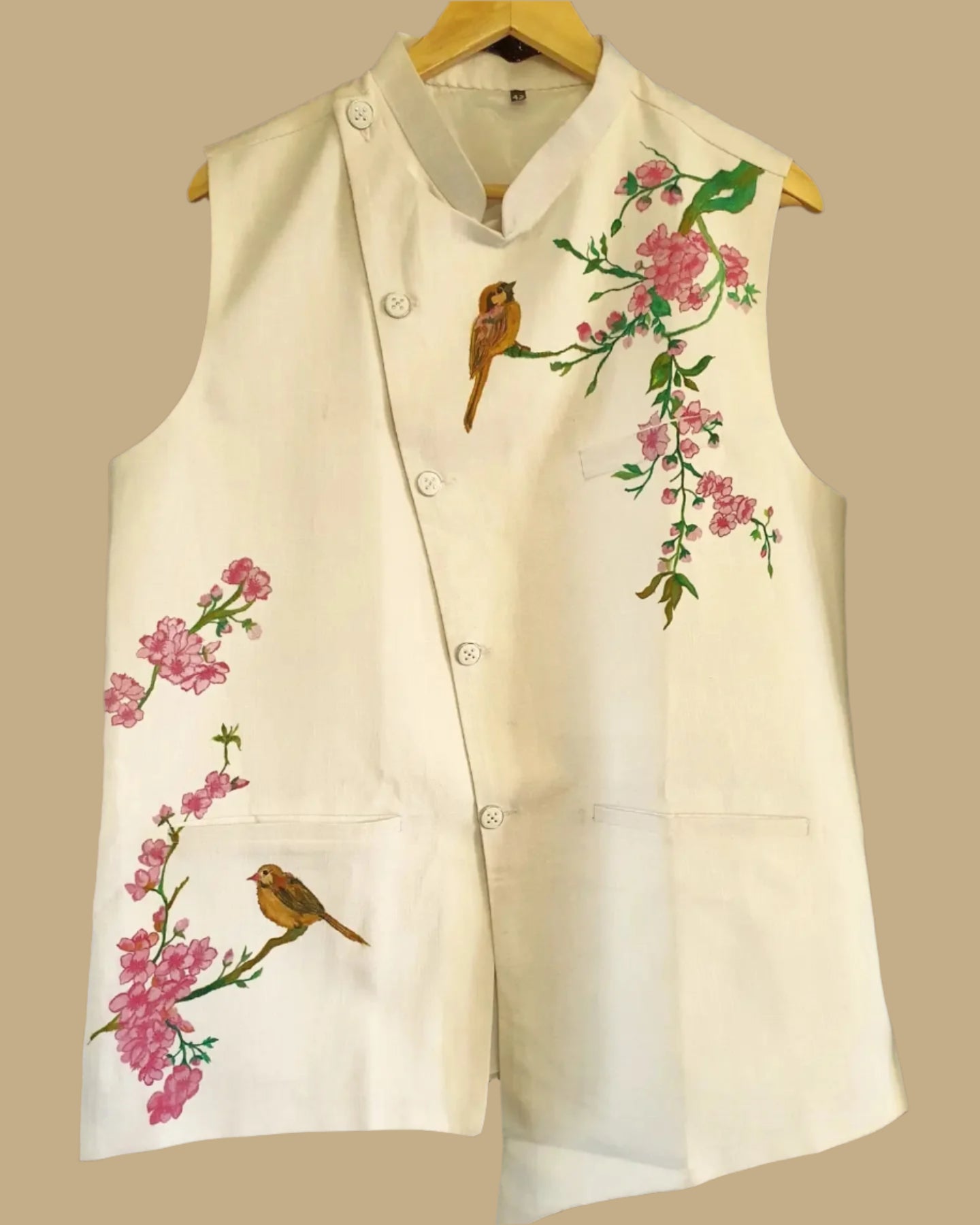 White vest with floral and bird hand painted